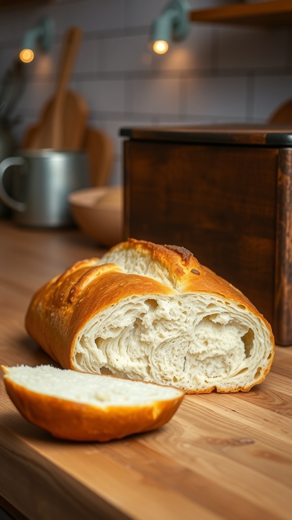 Countertop Bread Box Recipe A golden crusted homemade bread loaf sliced on a countertop beside a rustic bread box.